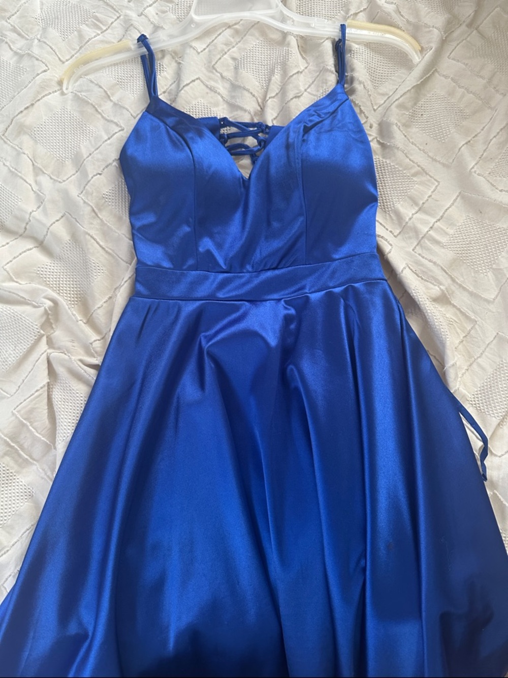 City Studio Royal Blue Satin A-Line Dress with Lace-Up Bodice